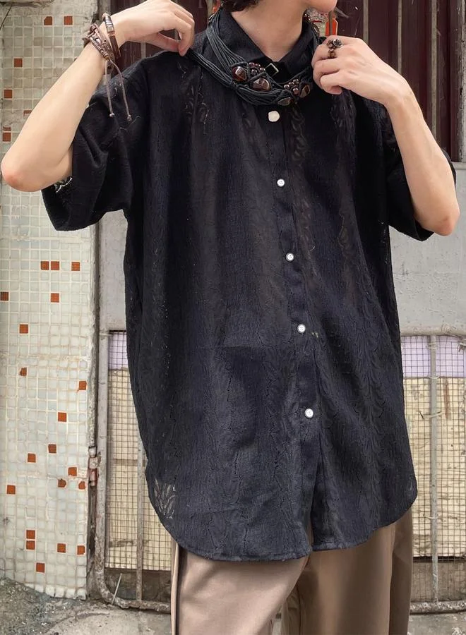 تايك تو قميص بارز الملمس بتداخلات دانتيل